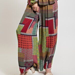 Easel Boho Patchwork Gauze Palazzo Pants | Green Combo | Smocked Waist | NWT | M